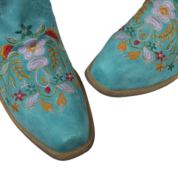 Balajoy 7.5 Blue Cowgirl Embroidery Ankle Boots Floral Western Boho Slipon Comfy - Picture 12 of 16